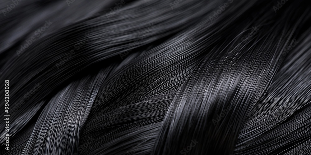Naklejka premium Detailed close-up image of smooth, shiny black hair showcasing its silky and lustrous texture.