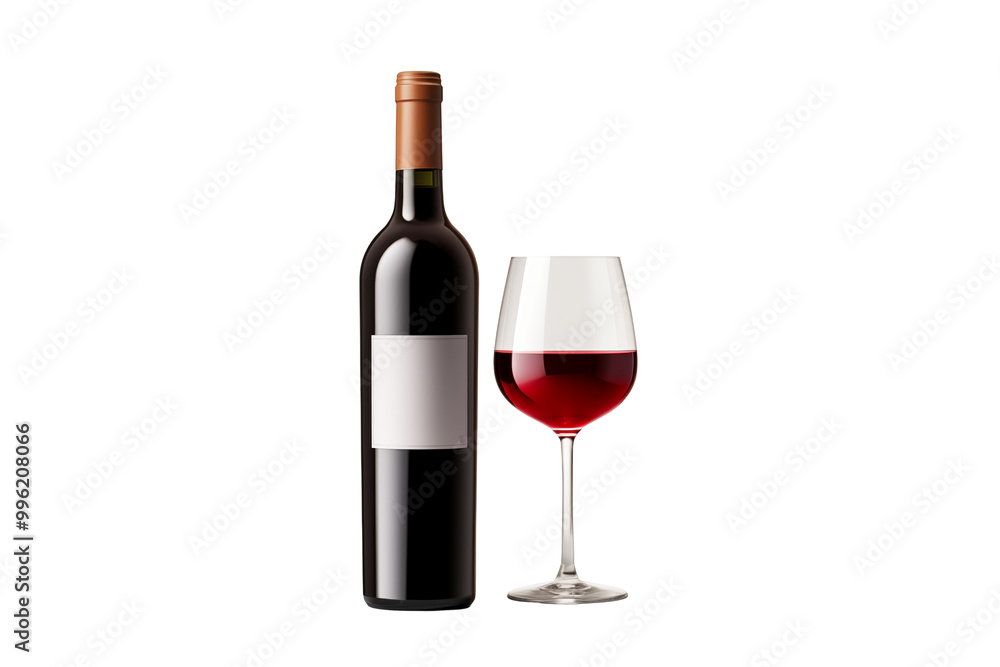Obraz premium Wine bottle with glass on transparent background. Wine related themes. Wine professions. Onologist. Wine shop. Buying and selling wine. Images for graphic designers. Isolated wine. Image for website. 