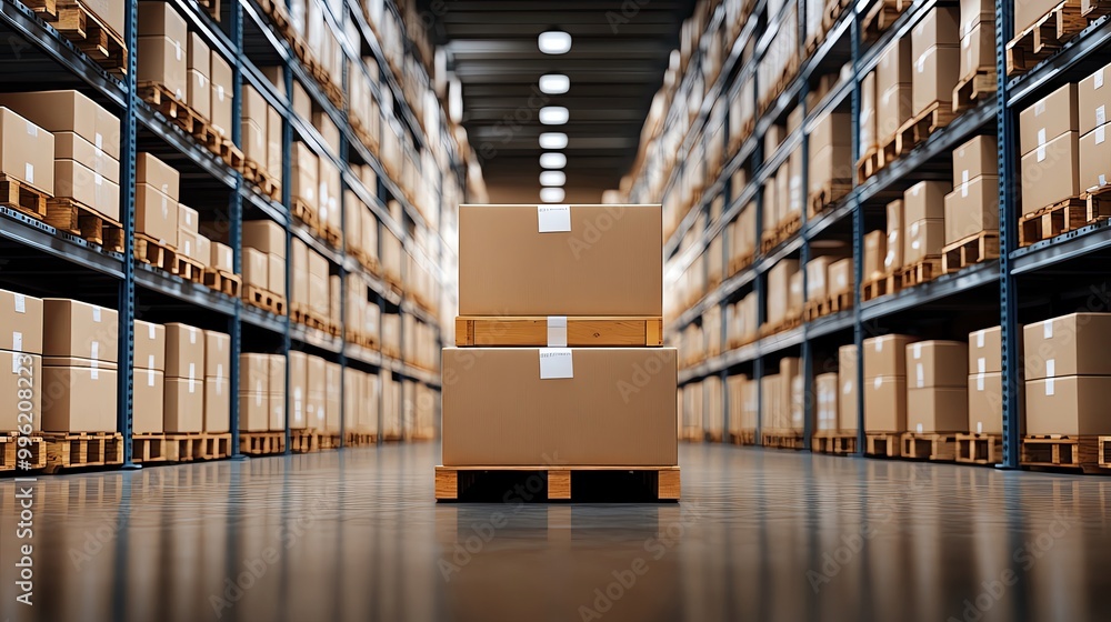 A well-organized warehouse filled with stacked boxes on pallets, showcasing efficient storage and logistics management. A well-organized warehouse filled with stacked boxes on pallets, showcasing efficient storage and logistics management.