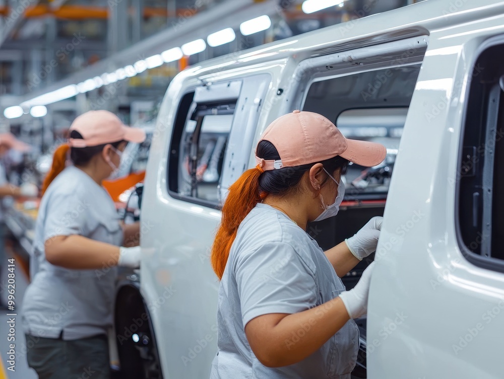 Two workers assemble a vehicle in a factory setting, wearing uniforms and caps, demonstrating teamwork and efficiency in the automotive industry.