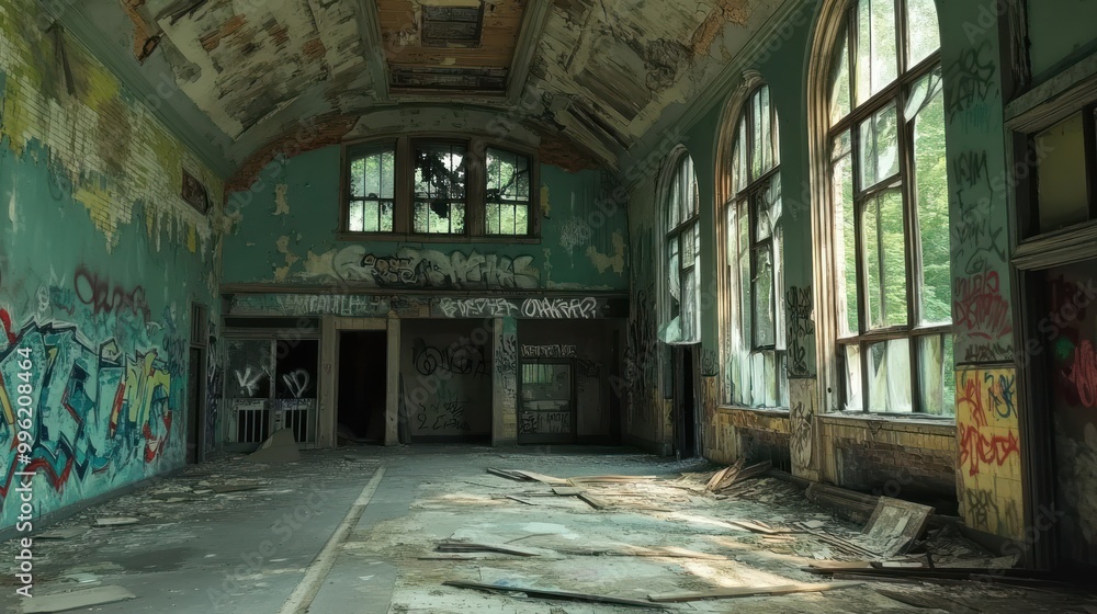 Abandoned Hallway with Graffiti and Broken Windows Abandoned Hallway with Graffiti and Broken Windows