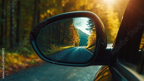 Car side mirror reflecting a scenic road through a forest with sunlight filtering through the trees, symbolizing travel and nature exploration photo