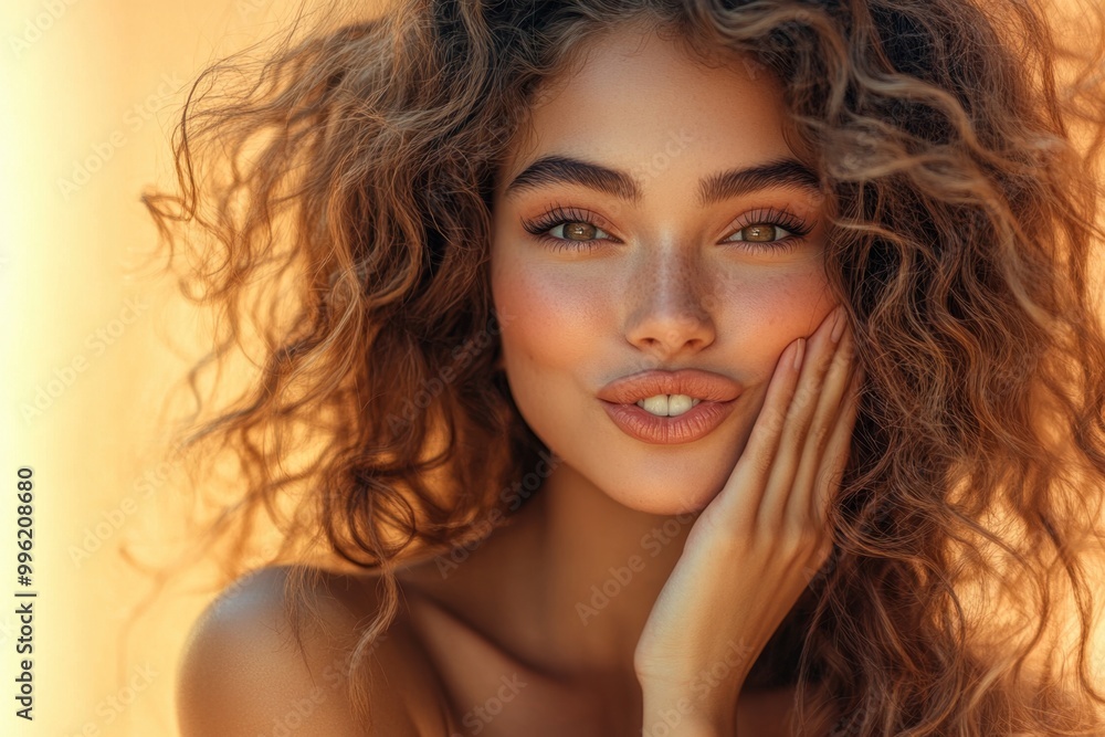 Fototapeta premium Playful Portrait of Woman with Bouncy Curls Making a Kissy Face