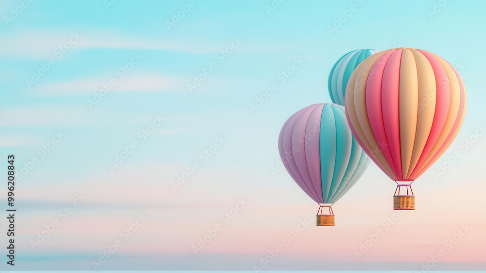 Obraz premium Colorful hot air balloons float peacefully in a pastel sky, creating a serene and whimsical atmosphere.