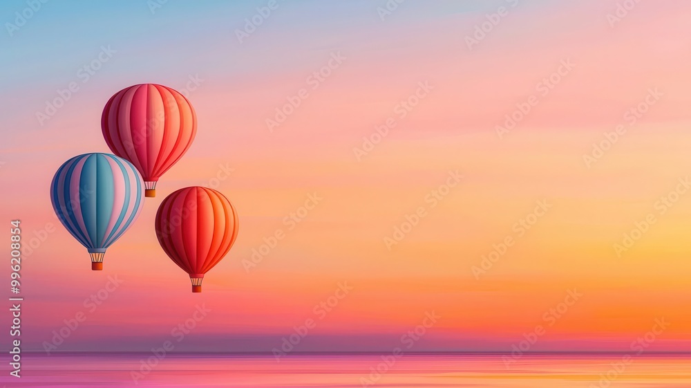 Fototapeta premium Three colorful hot air balloons float against a serene sunset, creating a picturesque scene of tranquility and wonder.