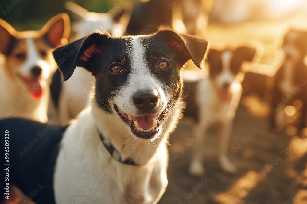 An outdoor scene showing a happy black and white dog smiling in the front with other dogs in the blurry background. An outdoor scene showing a happy black and white dog smiling in the front with other dogs in the blurry background.