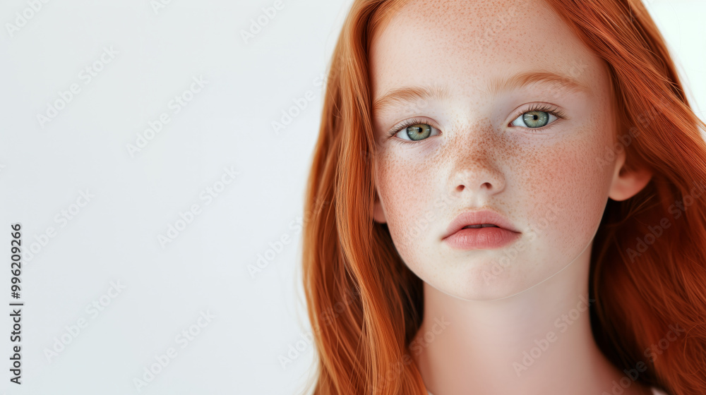 young model with striking red hair, green eyes and delicate freckles with perfect skin exuding confidence and grace in a soft, neutral backdrop. young model with striking red hair, green eyes and delicate freckles with perfect skin exuding confidence and grace in a soft, neutral backdrop.