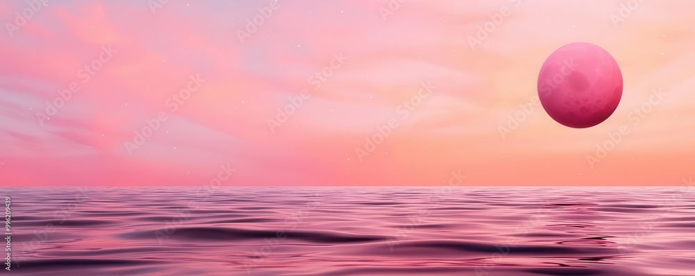 A serene pink sunset over tranquil waters, featuring a large sphere hovering above the horizon, creating a dreamlike atmosphere. A serene pink sunset over tranquil waters, featuring a large sphere hovering above the horizon, creating a dreamlike atmosphere.