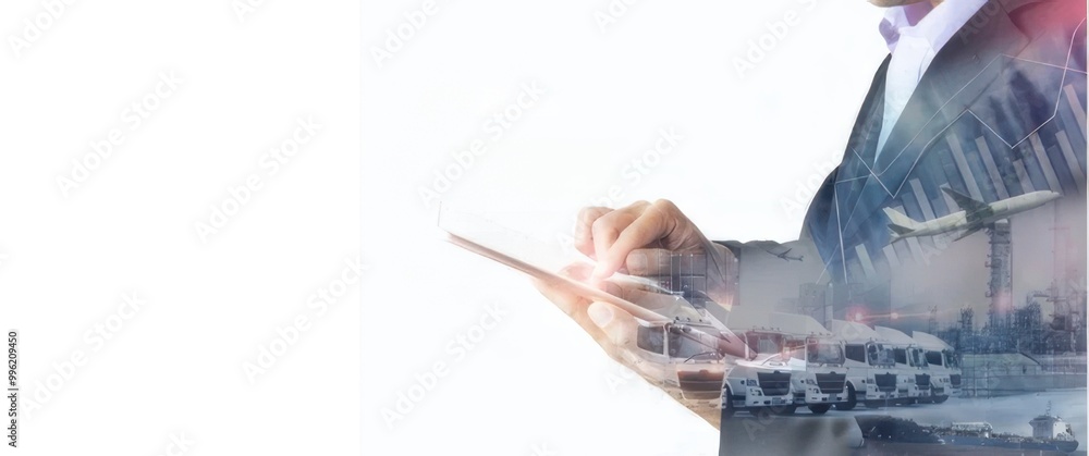 Close-up of man holding tablet with world map in office with large window and natural lighting.