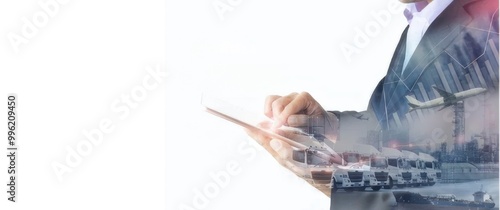 Obraz na płótnie Close-up of man holding tablet with world map in office with large window and natural lighting.
w salonie