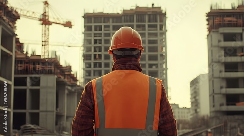 Photo of a construction worker wearing an orange vest and helmet, walking towards the camera