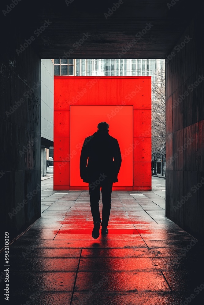 Silhouette of a person walking through an urban environment with a bold red artistic backdrop, showcasing city life and art. Silhouette of a person walking through an urban environment with a bold red artistic backdrop, showcasing city life and art.