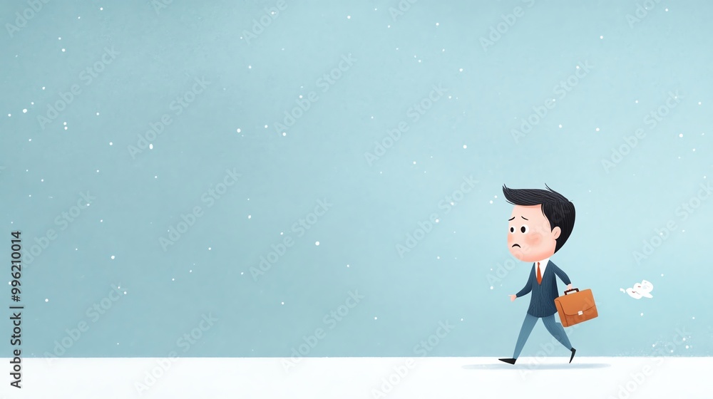 Cartoon businessman walking with a suitcase against a snowy background, portraying winter business travel or journey concept. Cartoon businessman walking with a suitcase against a snowy background, portraying winter business travel or journey concept.