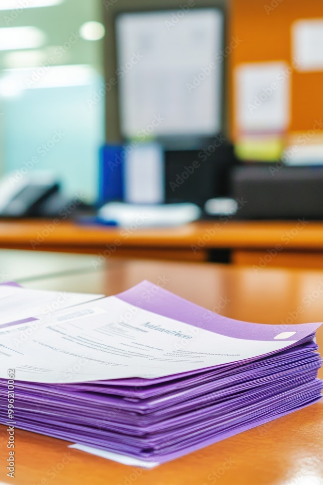 A stack of purple papers on a desk in an office setting. A stack of purple papers on a desk in an office setting.
