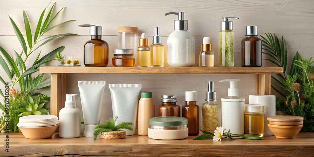 Composition of natural organic skincare products in bottles, jars, tubes on a shelf , skincare, natural, organic, cosmetics Composition of natural organic skincare products in bottles, jars, tubes on a shelf , skincare, natural, organic, cosmetics