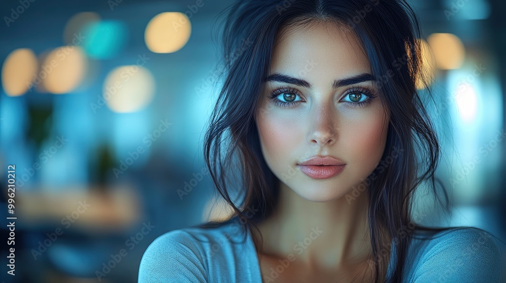 Beautiful Young Woman with Long Dark Hair Looking at the Camera Beautiful Young Woman with Long Dark Hair Looking at the Camera