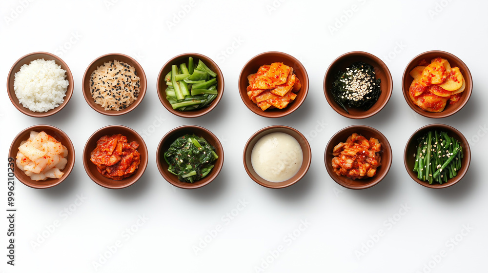 Delicious Korean side dishes arranged in small bowls, featuring rice, kimchi, and various vegetables. This vibrant display showcases variety of flavors and textures, perfect for traditional meal Delicious Korean side dishes arranged in small bowls, featuring rice, kimchi, and various vegetables. This vibrant display showcases variety of flavors and textures, perfect for traditional meal