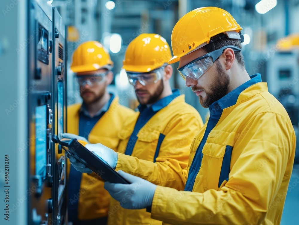 Three workers in yellow safety gear operate machinery, focusing on their tasks while ensuring safety in an industrial environment. Three workers in yellow safety gear operate machinery, focusing on their tasks while ensuring safety in an industrial environment.
