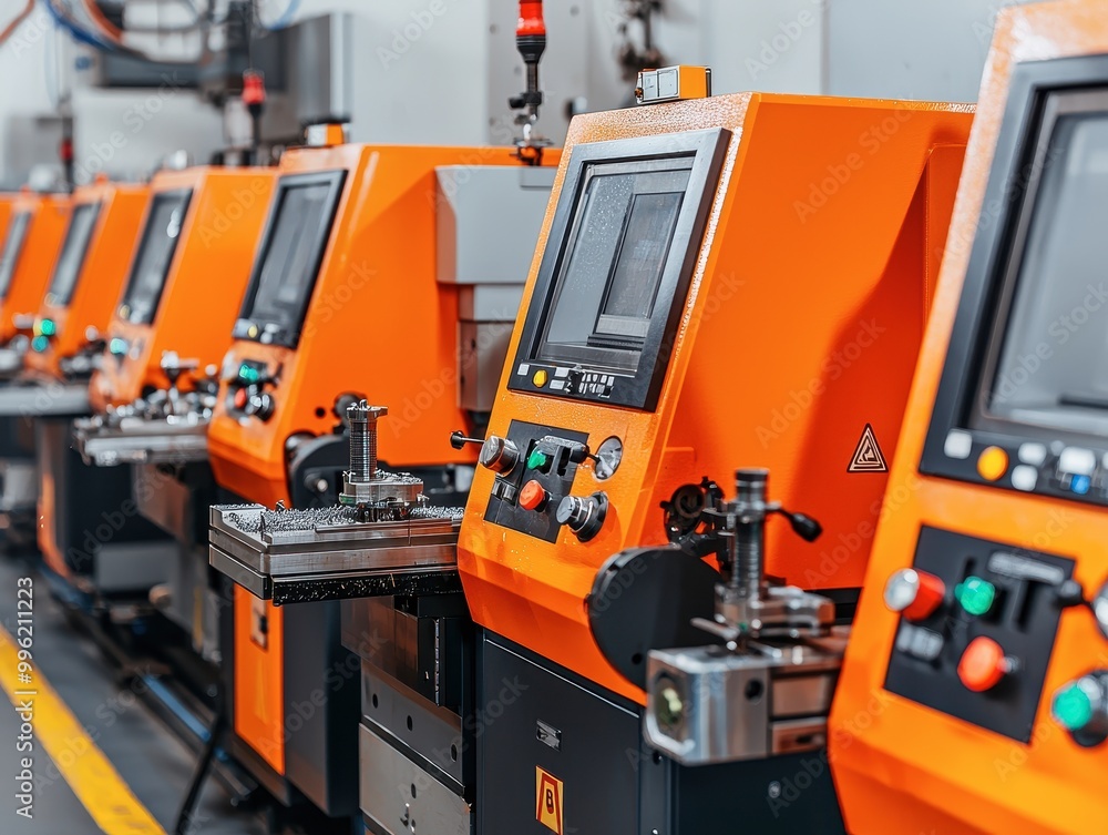 A row of modern industrial machines with orange exteriors, equipped with digital displays, showcasing advanced manufacturing technology in a workshop. A row of modern industrial machines with orange exteriors, equipped with digital displays, showcasing advanced manufacturing technology in a workshop.