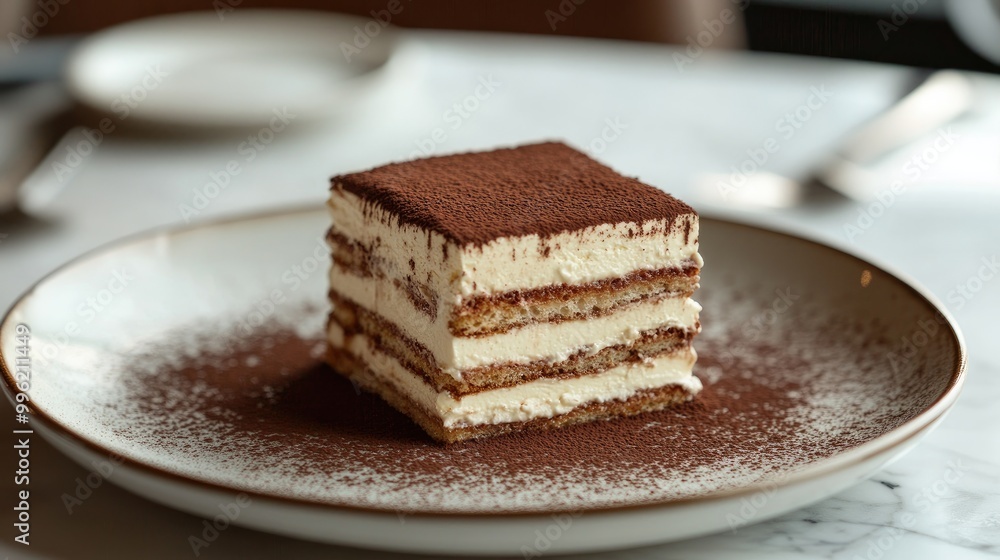 A slice of tiramisu on a dish, with layers of espresso-soaked ladyfingers and mascarpone cream, dusted with cocoa powder. A slice of tiramisu on a dish, with layers of espresso-soaked ladyfingers and mascarpone cream, dusted with cocoa powder.