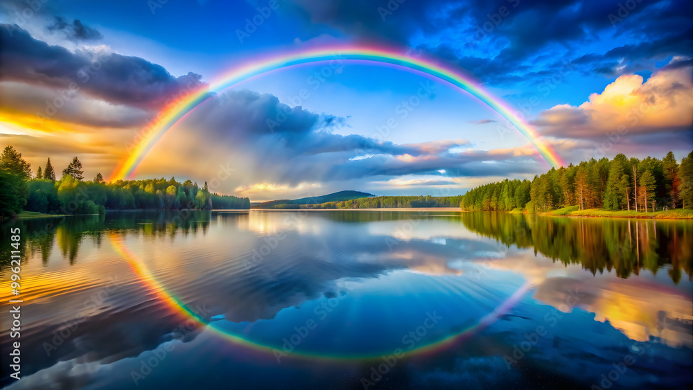 A vibrant rainbow arching over a peaceful lake, rainbow, lake, vibrant, colorful, nature, serene, reflection, water, sky A vibrant rainbow arching over a peaceful lake, rainbow, lake, vibrant, colorful, nature, serene, reflection, water, sky