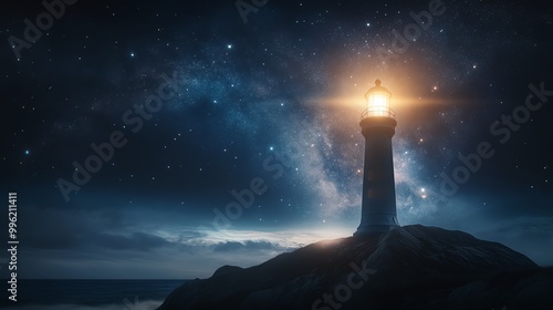 Lighthouse illuminating the calm sea under a starry night sky, symbolizing guidance and safety amidst peaceful natural scenery. photo