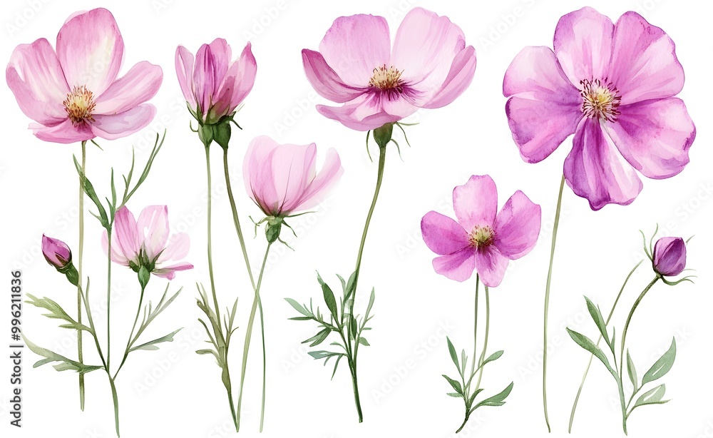 Watercolor wild flower clipart, pink and purple flowers on a white background, in different angles and poses. Watercolor wild flower clipart, pink and purple flowers on a white background, in different angles and poses.