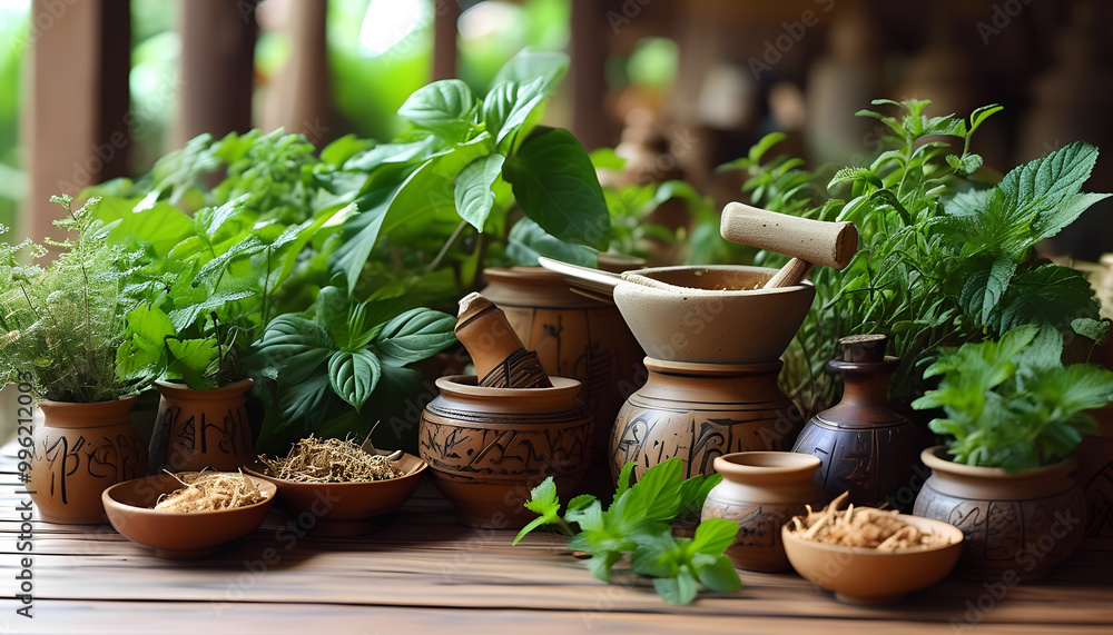 Assortment of fresh herbs in rustic ceramic pots. Assortment of fresh herbs in rustic ceramic pots.
