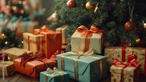 Christmas gifts at the foot of a Christmas tree or a Christmas fir tree