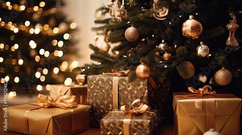 Christmas gifts at the foot of a Christmas tree or a Christmas fir tree