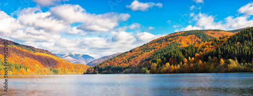 Obraz na płótnie panorama of landscape by the lake in autumn. forest on the mountains in colorful foliage. countryside scenery of ukraine on a sunny day in fall season w salonie