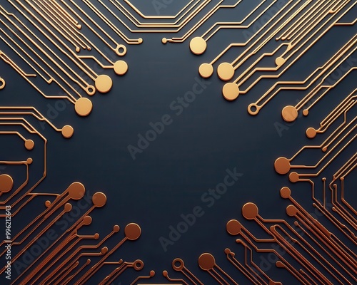 Simple circuit board pattern with glowing lines, minimal composition on a dark surface, clean and modern photo