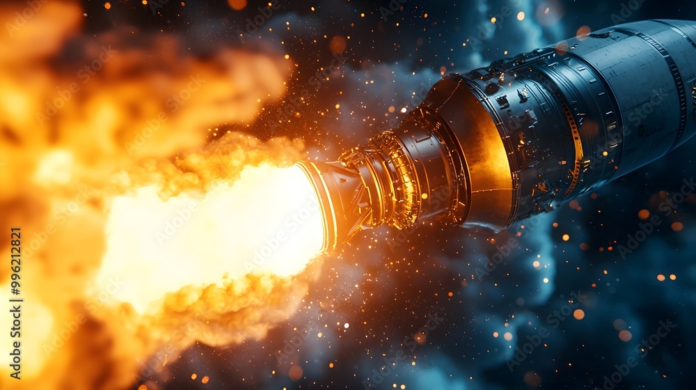 Close-up of a rocket engine with bright flames and thick smoke, showcasing powerful propulsion. Close-up of a rocket engine with bright flames and thick smoke, showcasing powerful propulsion.