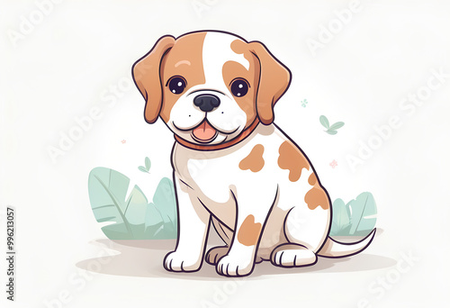 Cute cartoon puppy sitting in a meadow.