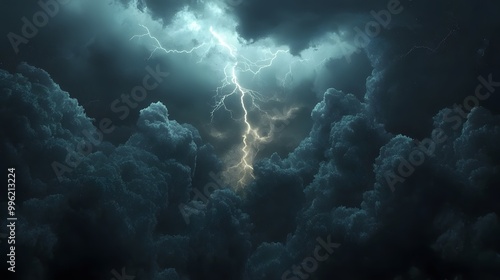 Dramatic storm clouds with vivid lightning illuminating the dark sky.