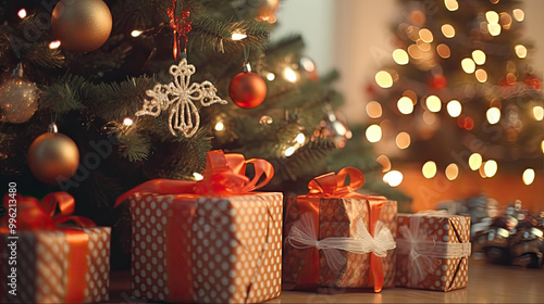 Christmas gifts at the foot of a Christmas tree or a Christmas fir tree