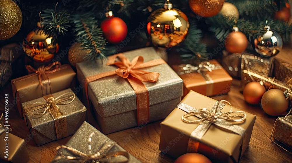 Christmas gifts at the foot of a Christmas tree or a Christmas fir tree Christmas gifts at the foot of a Christmas tree or a Christmas fir tree