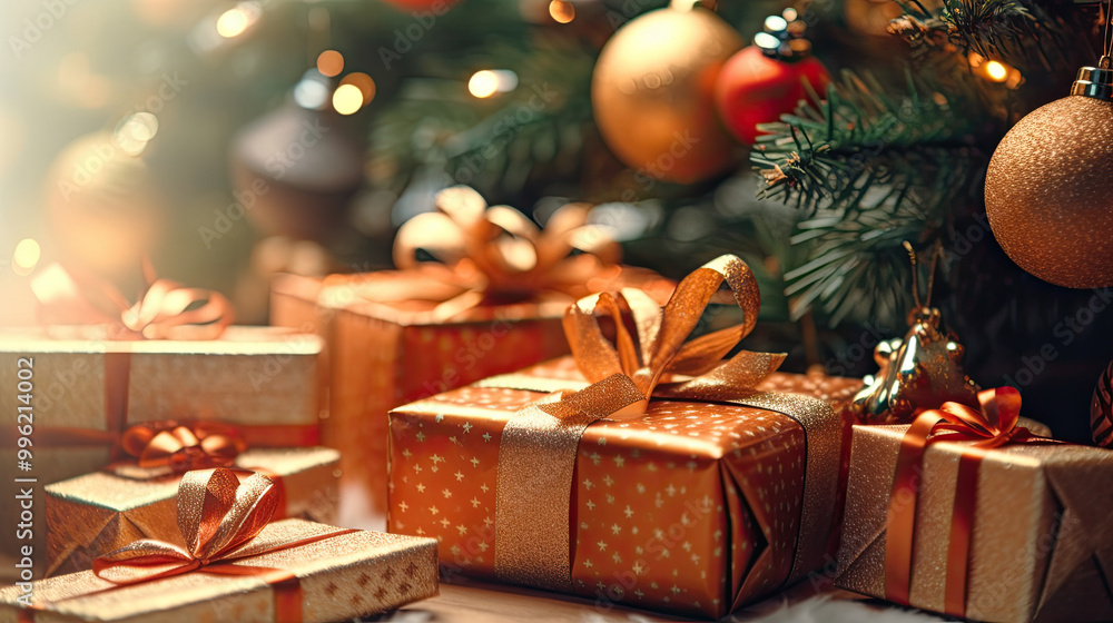 Christmas gifts at the foot of a Christmas tree or a Christmas fir tree Christmas gifts at the foot of a Christmas tree or a Christmas fir tree