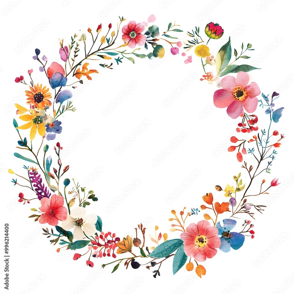 Obraz premium Watercolor wildflower wreath clipart on white background 