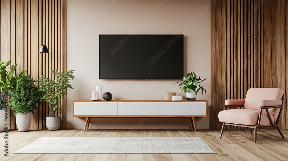 Stylish living room featuring a modern TV setup, wooden accents, plants, and comfortable seating for a cozy atmosphere. Stylish living room featuring a modern TV setup, wooden accents, plants, and comfortable seating for a cozy atmosphere.