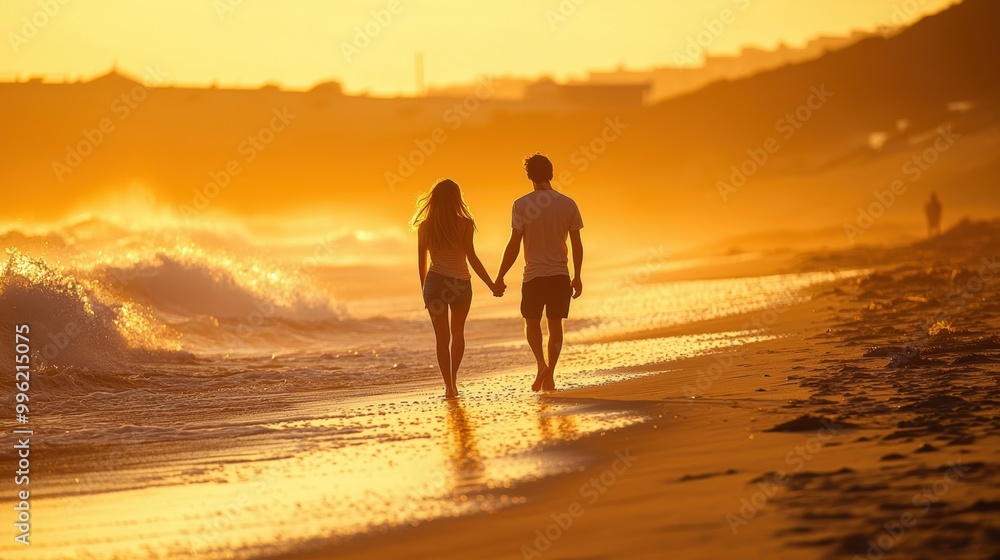 Fototapeta premium Young Couple Walking Hand in Hand on Sandy Beach