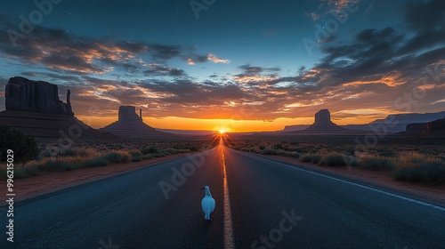 Breathtaking sunset over a vast desert landscape with towering rock formations and a peaceful road leading into the horizon.