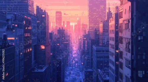 Pixelated Cityscape at Dusk with Pink and Purple Hues