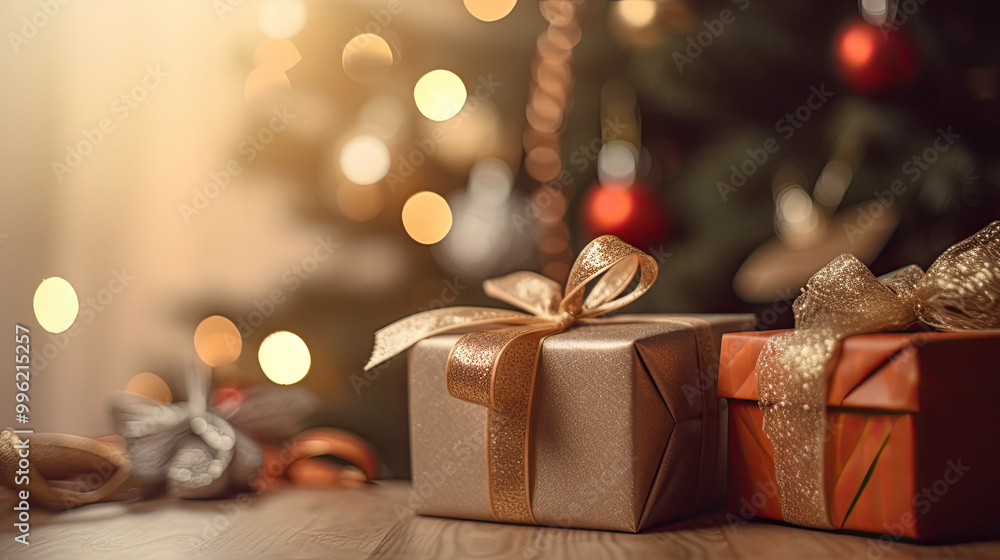 Christmas gifts at the foot of a Christmas tree or a Christmas fir tree Christmas gifts at the foot of a Christmas tree or a Christmas fir tree