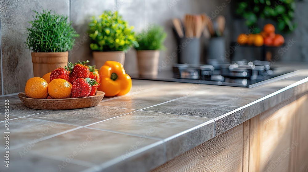 A vibrant kitchen countertop featuring fresh fruits, herbs in pots, and modern kitchen utensils, creating a warm cooking atmosphere. A vibrant kitchen countertop featuring fresh fruits, herbs in pots, and modern kitchen utensils, creating a warm cooking atmosphere.