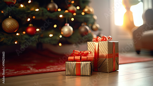 Christmas gifts at the foot of a Christmas tree or a Christmas fir tree