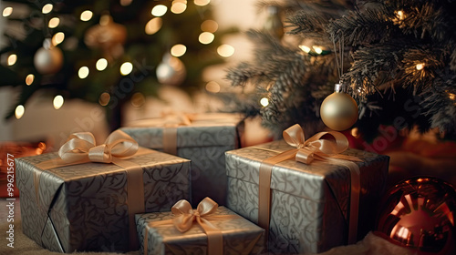 Christmas gifts at the foot of a Christmas tree or a Christmas fir tree