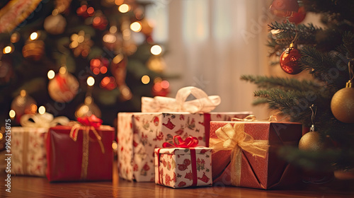 Christmas gifts at the foot of a Christmas tree or a Christmas fir tree photo