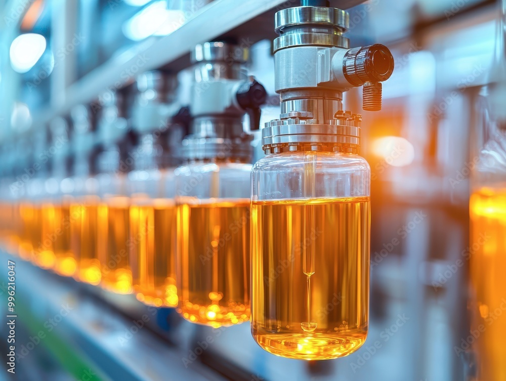 A close-up view of a production line showcasing bottles of amber liquid, highlighting processes in a manufacturing facility. A close-up view of a production line showcasing bottles of amber liquid, highlighting processes in a manufacturing facility.