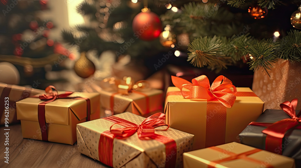 Christmas gifts at the foot of a Christmas tree or a Christmas fir tree Christmas gifts at the foot of a Christmas tree or a Christmas fir tree